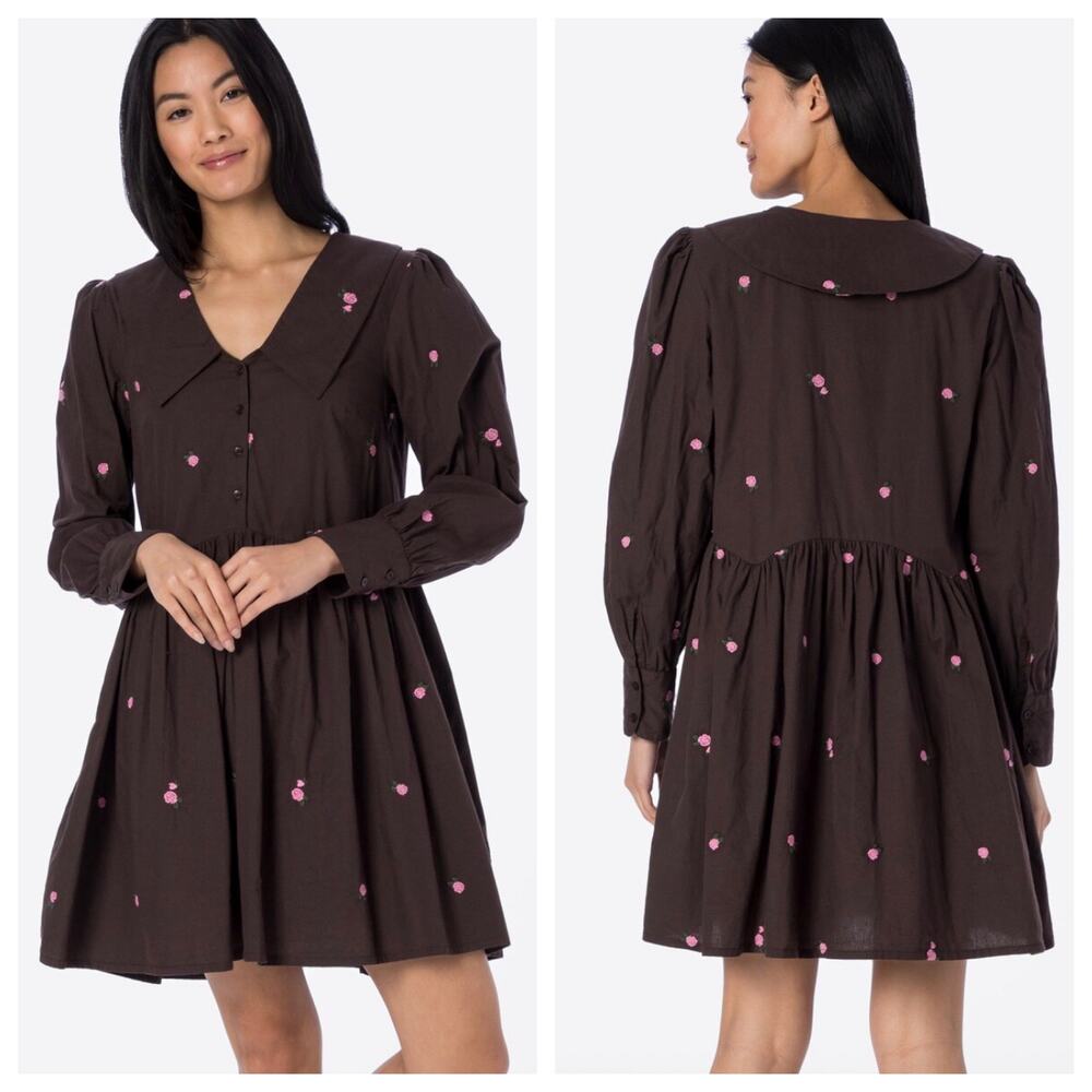 ICHI Mini Dress Brown Cotton Pink Rose Embroidered Button Long Sleeve